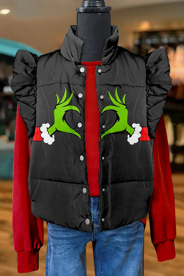 Funny Christmas Grinch Print Ruffle Vest