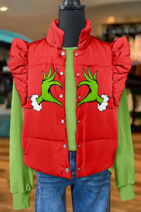 Funny Christmas Grinch Print Ruffle Vest