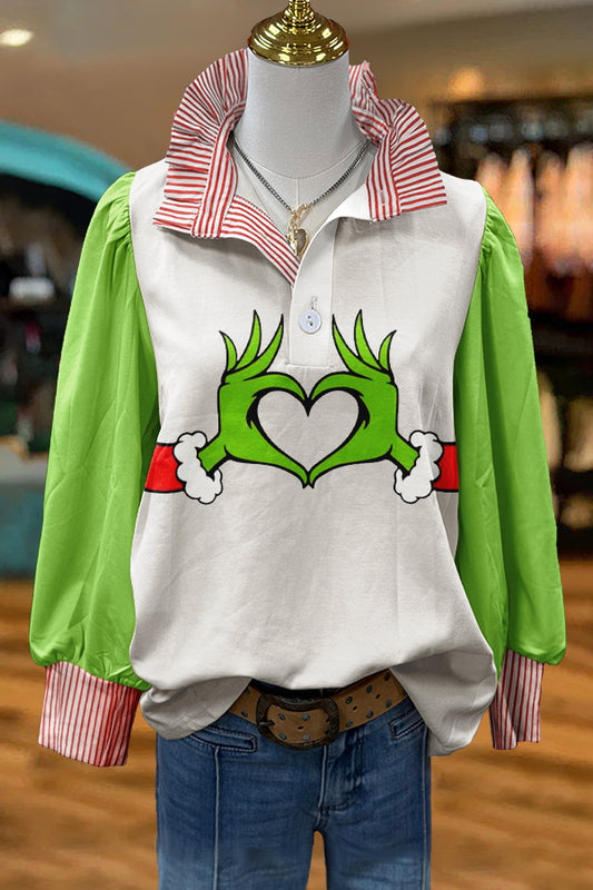 Funny Christmas Grinch Print Puff Sleeve Top