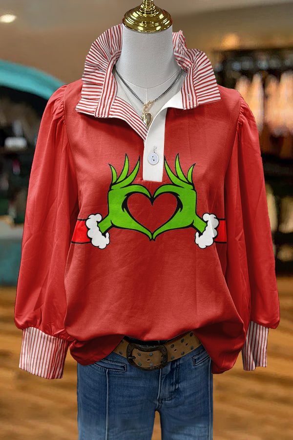 Classic Christmas Grinch Print Puff Sleeve Top