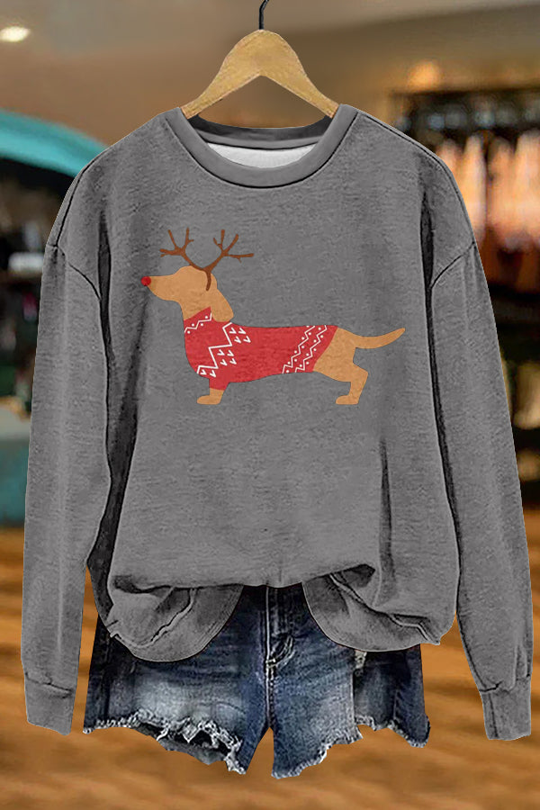 Cute Christmas Elk Dachshund Print Sweatshirt