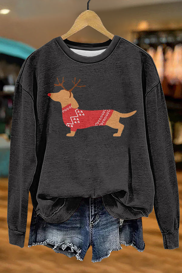 Cute Christmas Elk Dachshund Print Sweatshirt