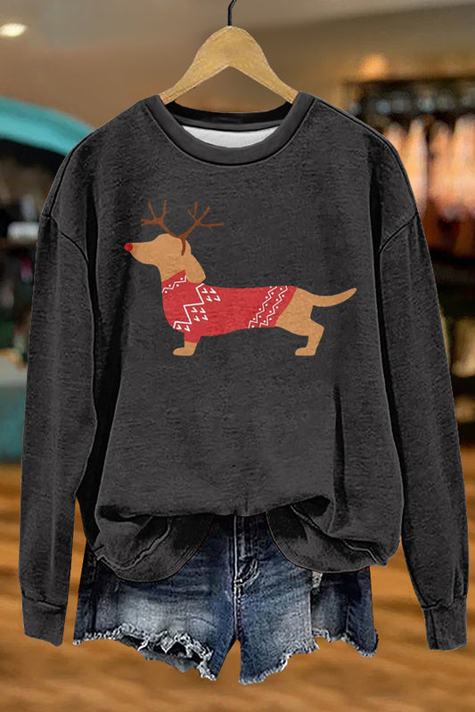 Cute Christmas Elk Dachshund Print Sweatshirt