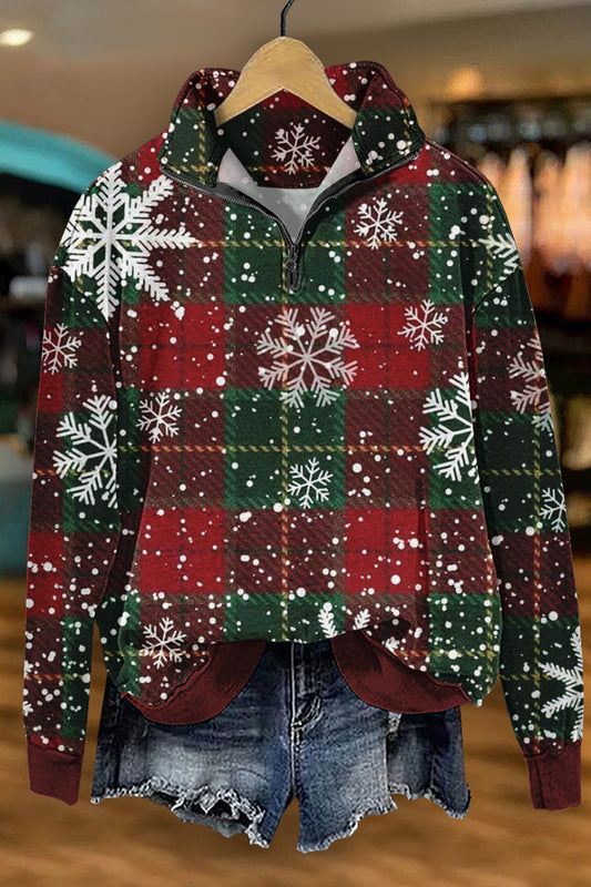 Christmas Snowflake Plaid Print Sweatshirt