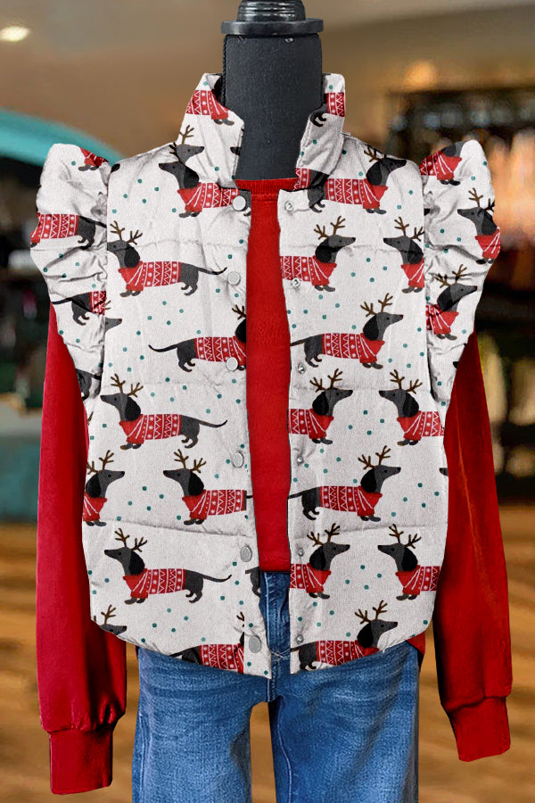 Cute Christmas Dachshund Print Ruffle Vest