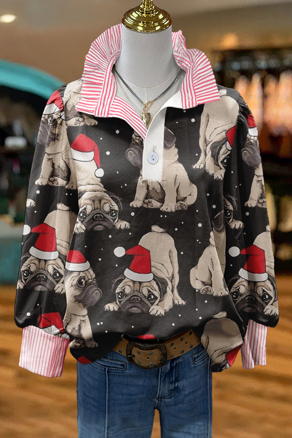 Cute Christmas Bulldog Print Puff Sleeve Top