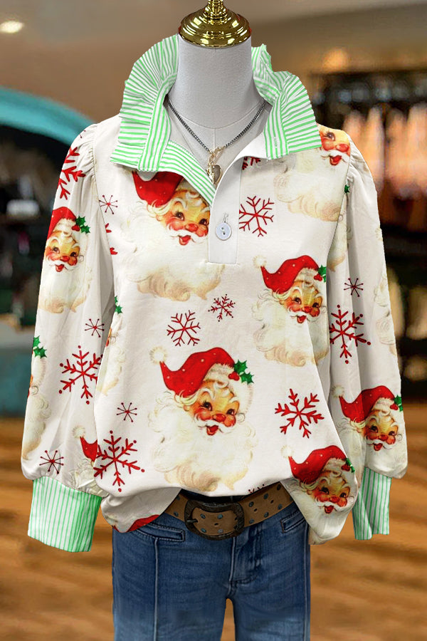 Cute Christmas Santa Claus Print Puff Sleeve Top