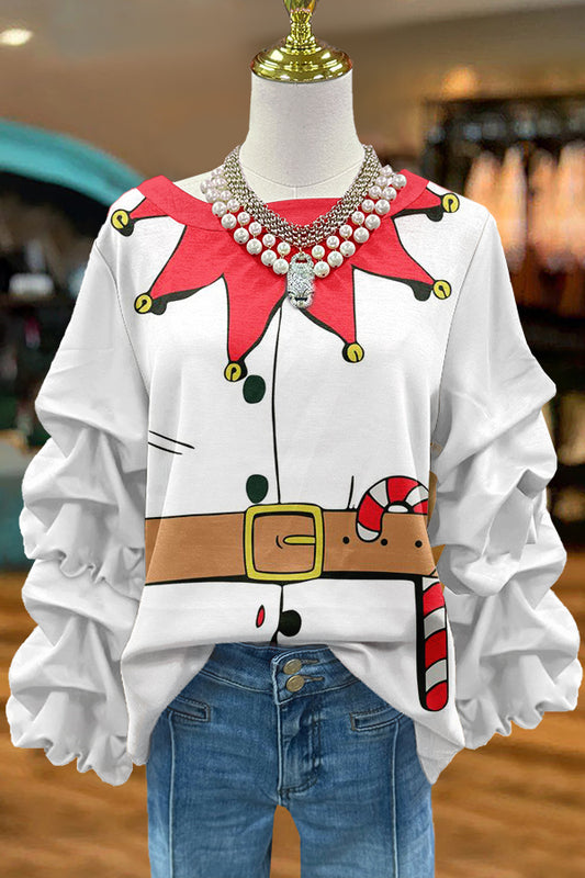 Cute Santa Claus Print Pleated Top