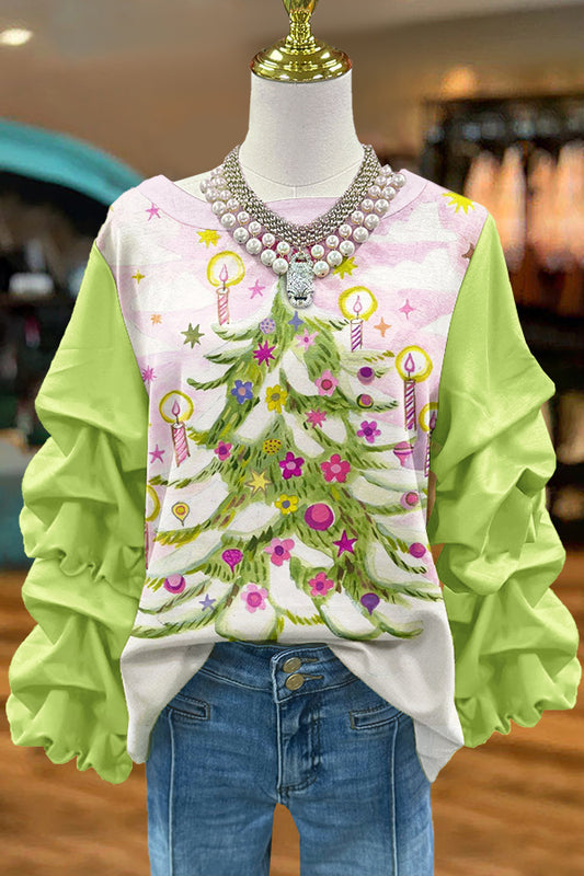 Green Cute Christmas Tree Print Pleated Top