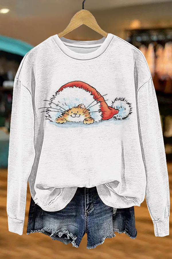 Cute Christmas Cat Print Sweatshirt