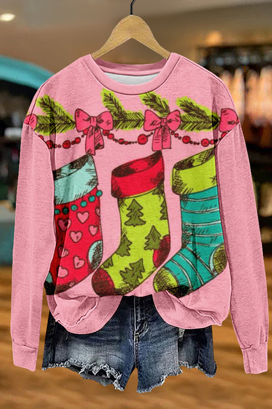 Sweet Christmas Socks Print Sweatshirt