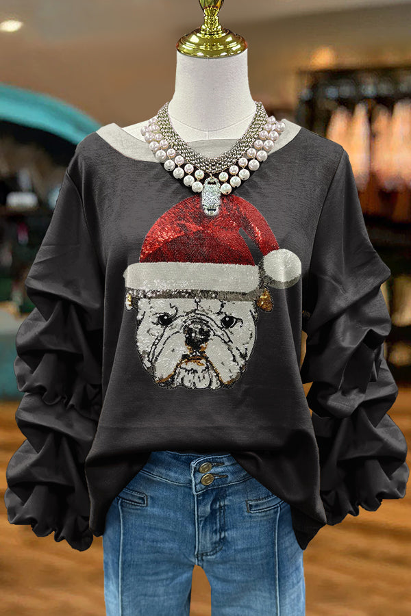 Shiny Christmas Gameday Bulldog Print Pleated Top