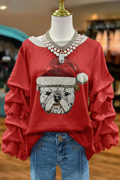 Shiny Christmas Gameday Bulldog Print Pleated Top