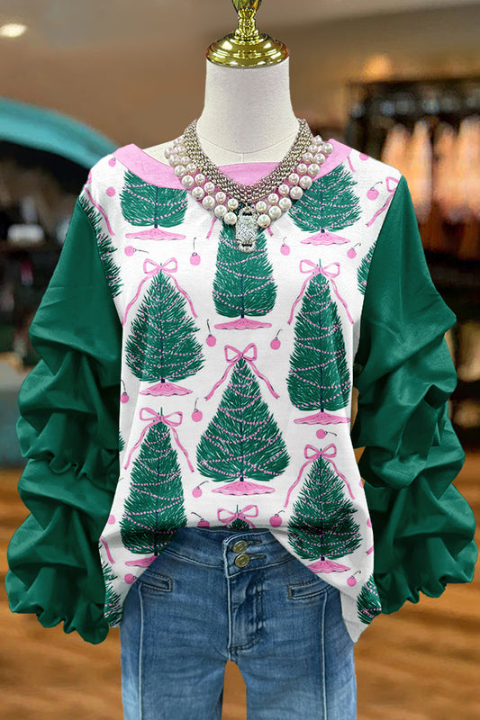 Sweet Christmas Tree Print Pleated Top