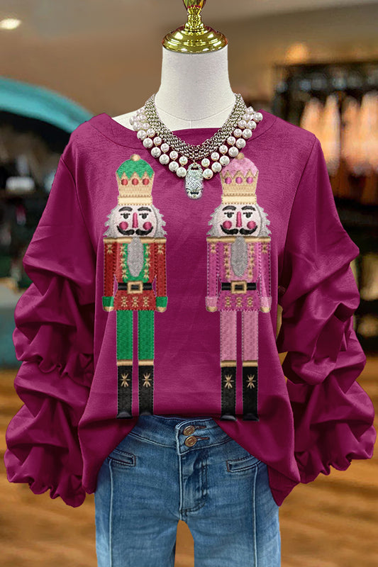 Cute Christmas Nutcracker Print Pleated Top