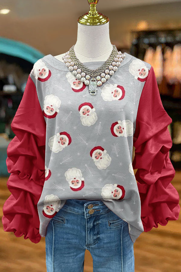 Cute Christmas Santa Claus Print Pleated Top