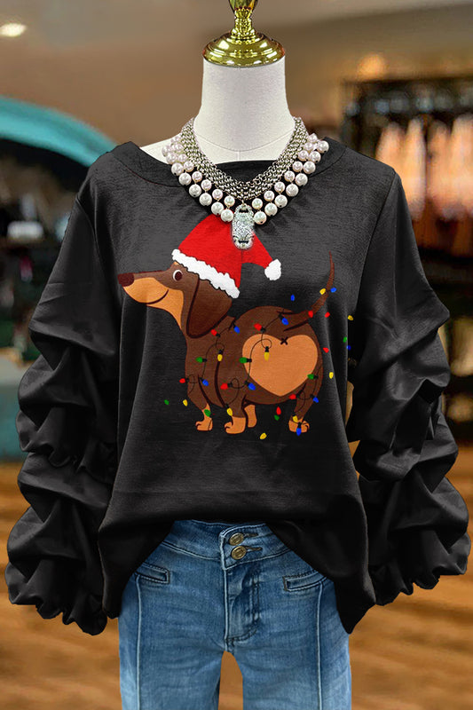 Cute Christmas Dachshund Print Pleated Top