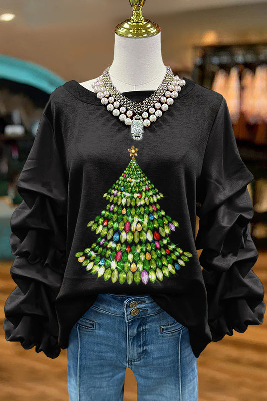 Cute Christmas Tree Print Pleated Top