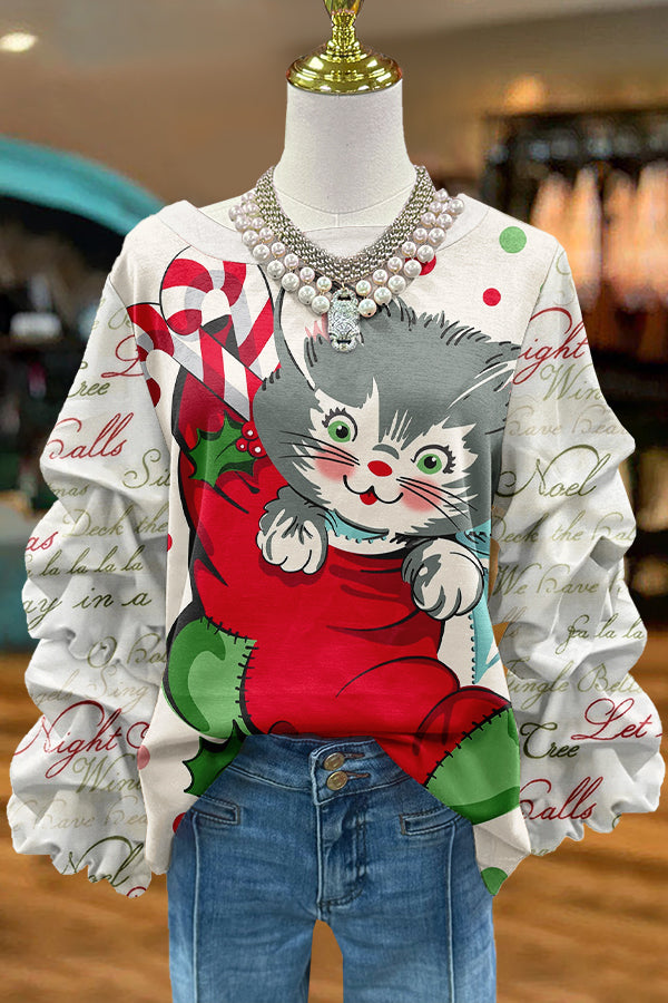 Cute Christmas Cat Print Pleated Top