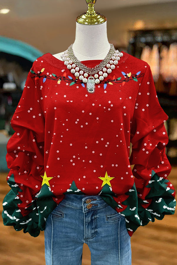 Cute Christmas Tree Print Pleated Top