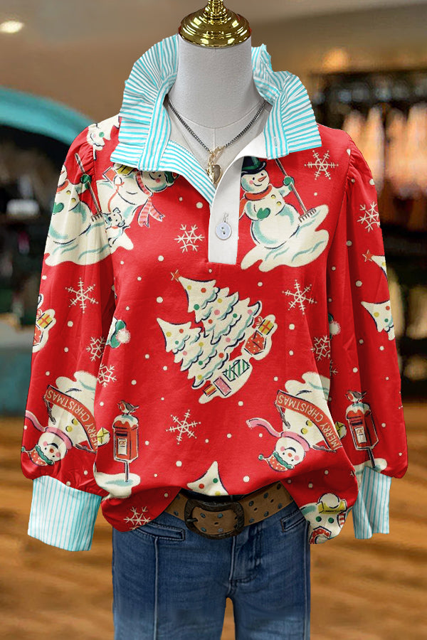 Retro Christmas Snowman Print Puff Sleeve Top