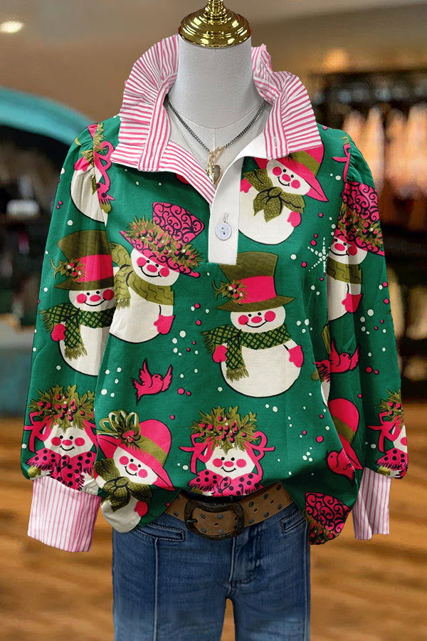 Cute Christmas Snowman Print Puff Sleeve Top