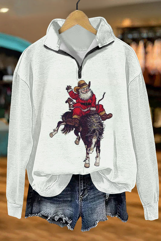 Funny Christmas Santa Horse Racing Print Sweatshirt