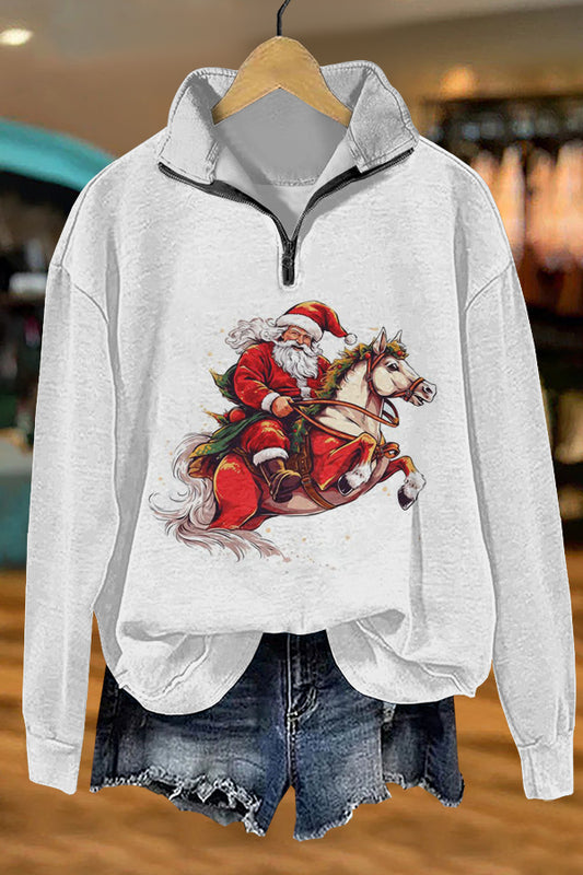 Ugly Christmas Santa Horse Racing Print Sweatshirt