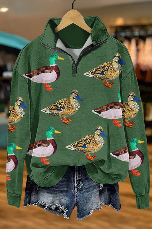 Shiny Camping Duck Print Sweatshirt