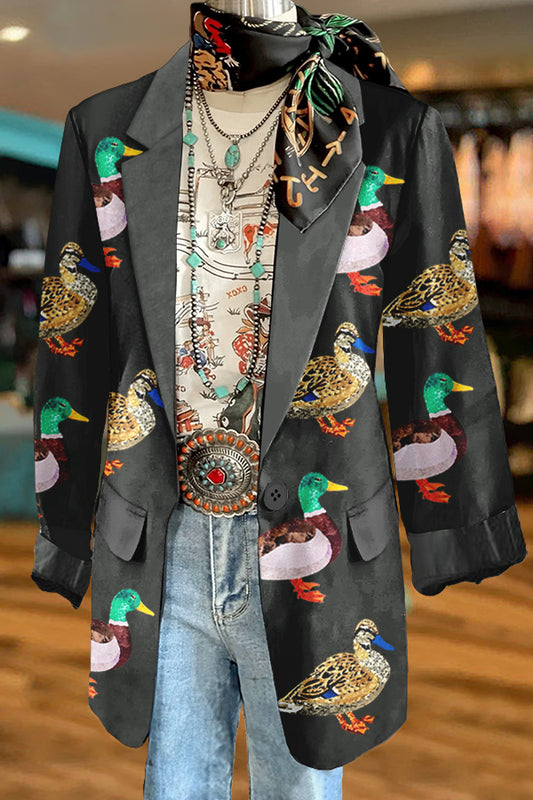 Shiny Camping Duck Print Blazer