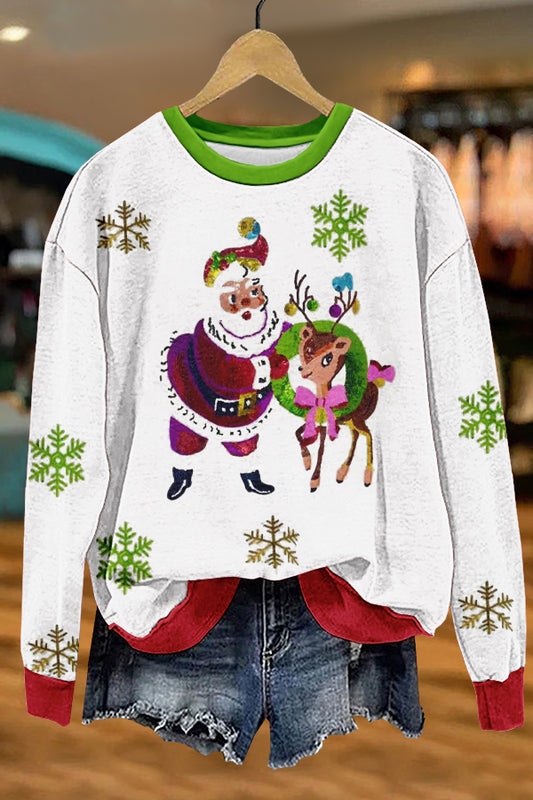 Shiny Christmas Santa Claus Elk Print Sweatshirt