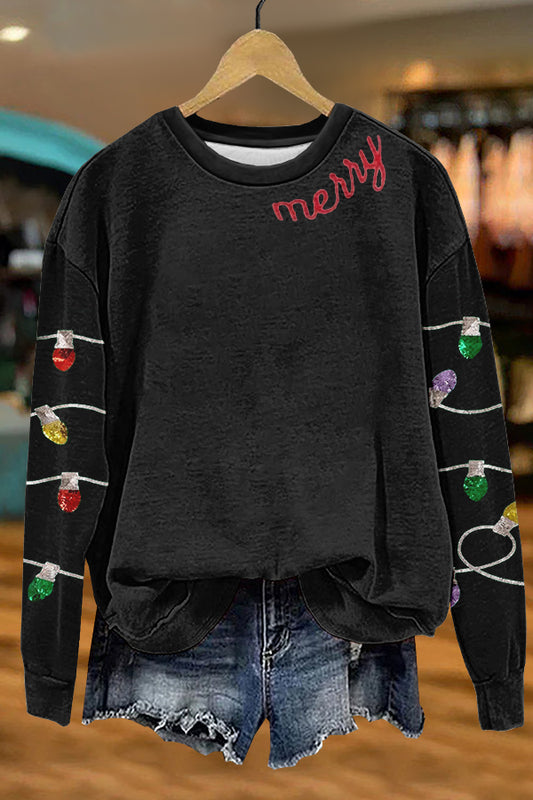 Cute Christmas Merry Lights Print Sweatshirt