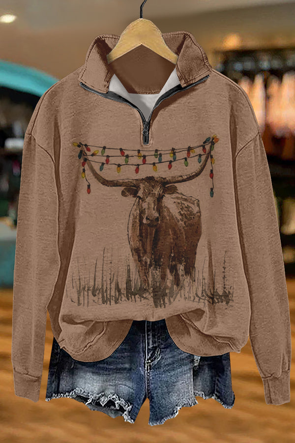 Western Christmas Longhorn Print Sweatshirt