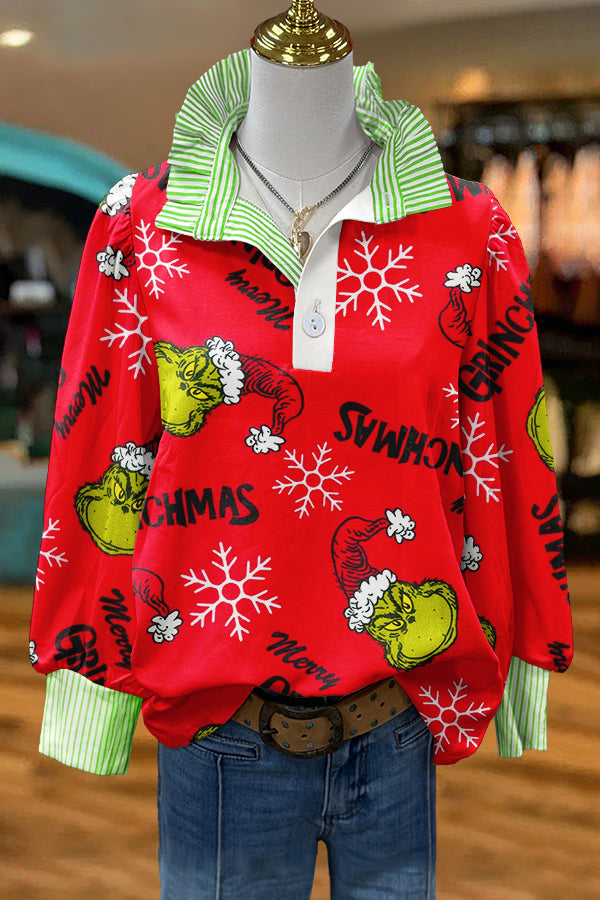 Cute Christmas Grinch Print Puff Sleeve Top