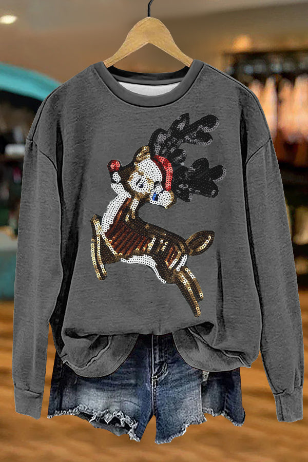 Shiny Christmas Elk Print Sweatshirt