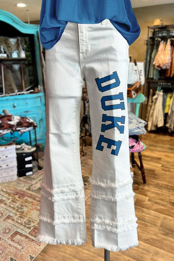 Cute Gameday Duke Blue Demons Print Fringed Hem Pants