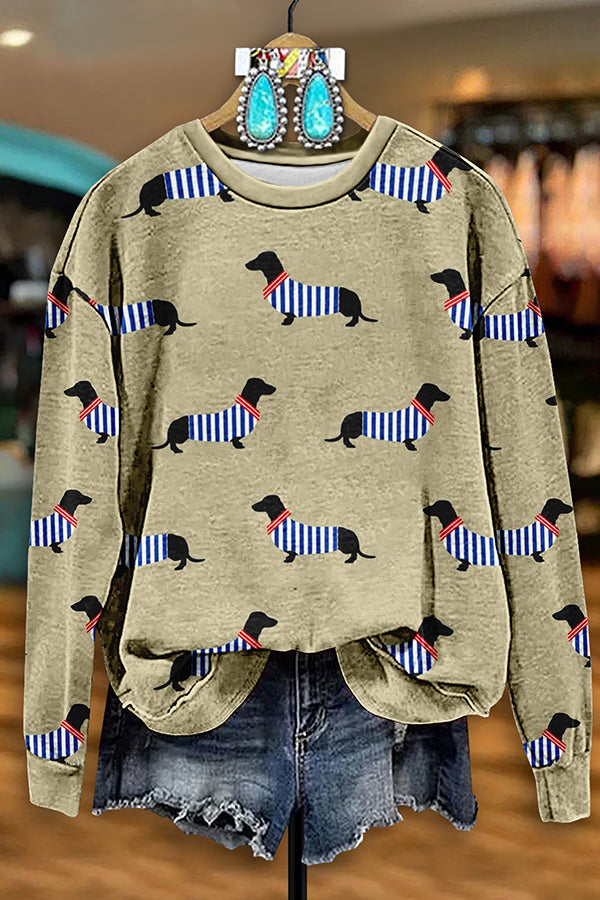 Vintage Striped Dachshund Print Sweatshirt