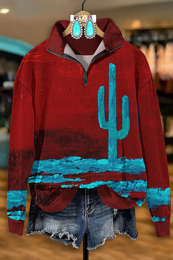 Vintage Western Cactus Print Zip-Up Sweatshirt