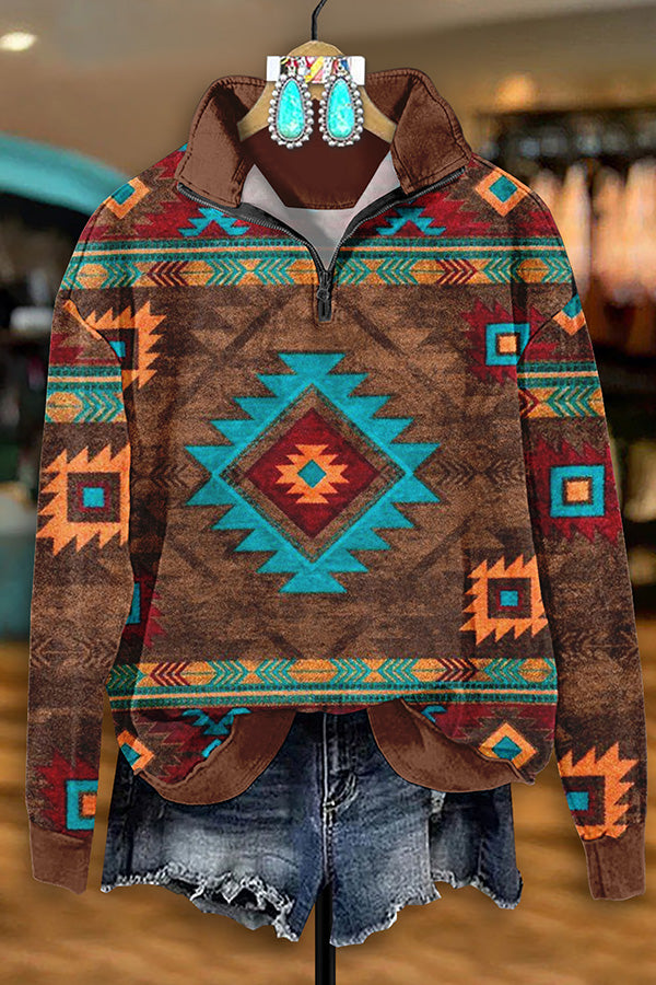 Retro Western Aztec Print Zip-Up Sweatshirt