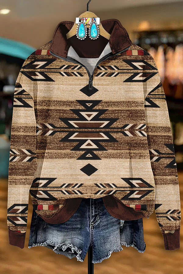 Retro Western Aztec Print Zip-Up Sweatshirt