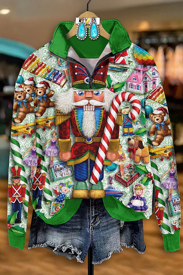 Vintage Christmas Nutcracker Print Zip-Up Sweatshirt