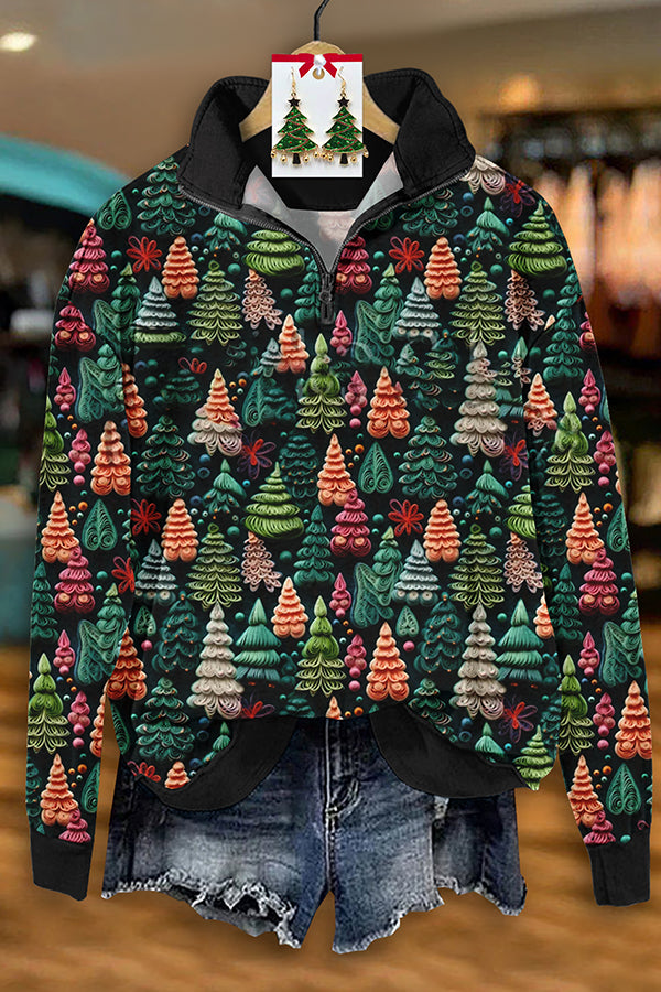 Vintage Christmas Tree Print Zip-Up Sweatshirt