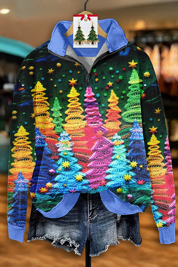 Vintage Christmas Tree Print Zip-Up Sweatshirt