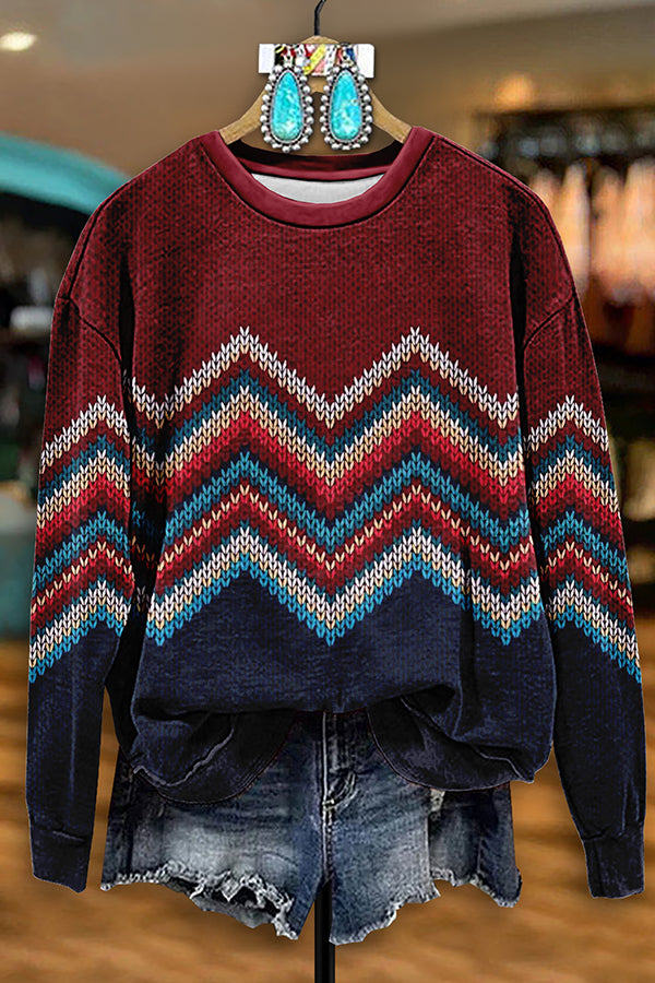 Retro Western Aztec Stripe Print Sweatshirt