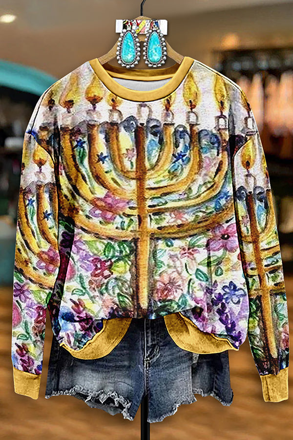 Vintage Hanukkah Menorah Print Sweatshirt