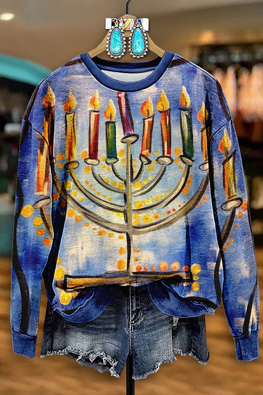 Vintage Hanukkah Menorah Print Sweatshirt