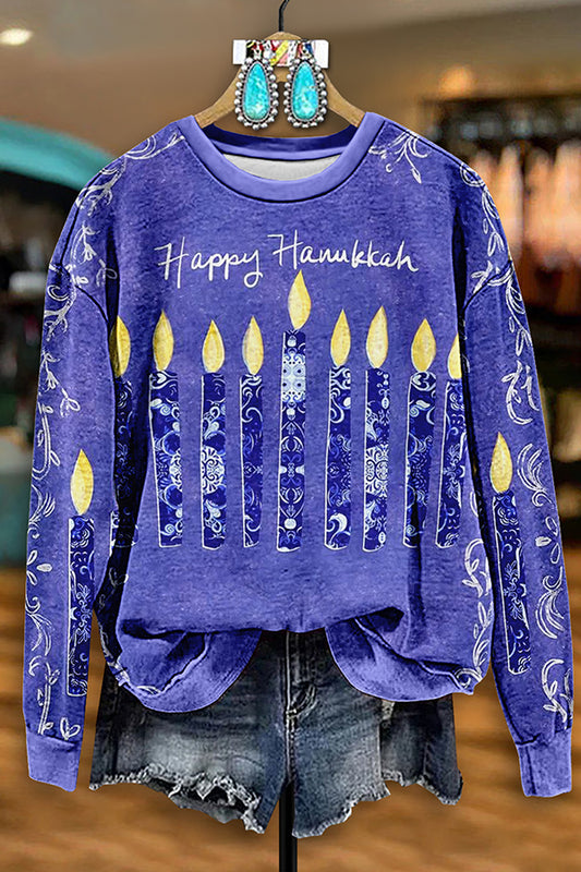 Vintage Hanukkah Menorah Print Sweatshirt