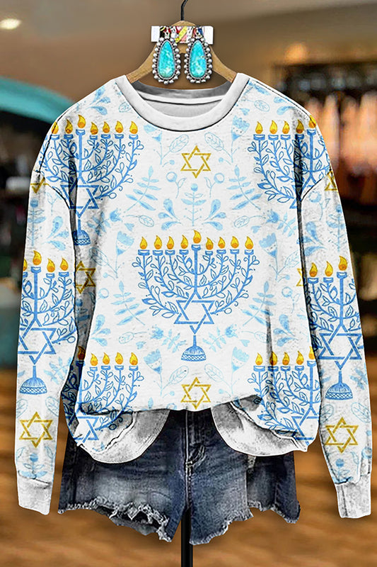 Vintage Hanukkah Menorah Print Sweatshirt