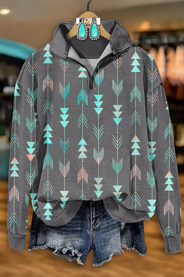 Retro Western Aztec Arrow Print Zip-Up Sweatshirt