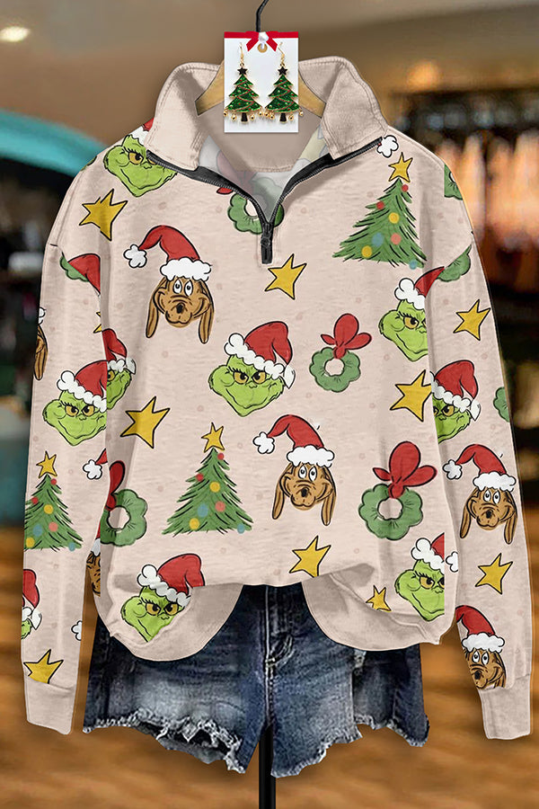 Vintage Christmas Grimm Print Zip-Up Sweatshirt